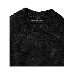 Black Floral Lace Cotton Collared Jacket