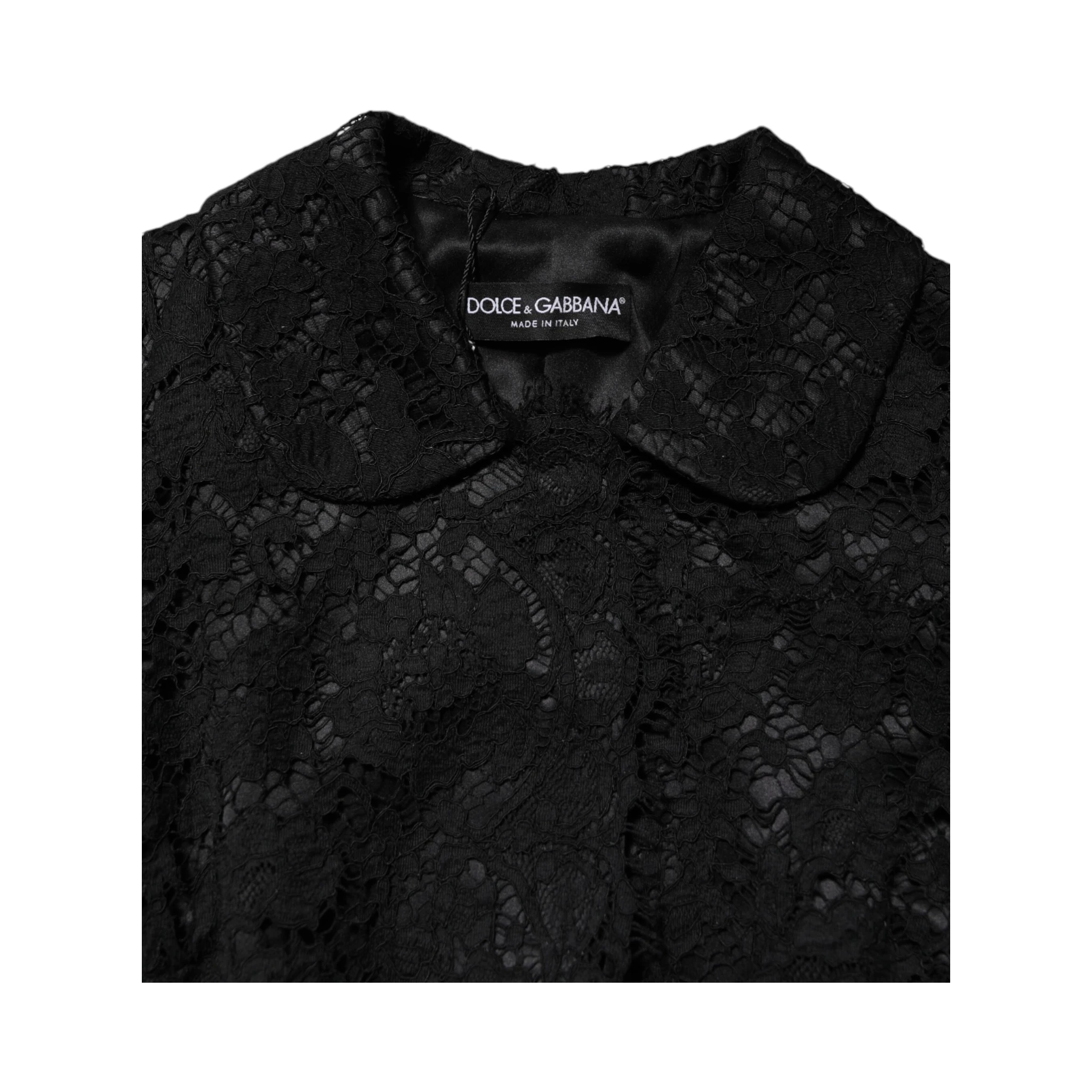 Black Floral Lace Cotton Collared Jacket