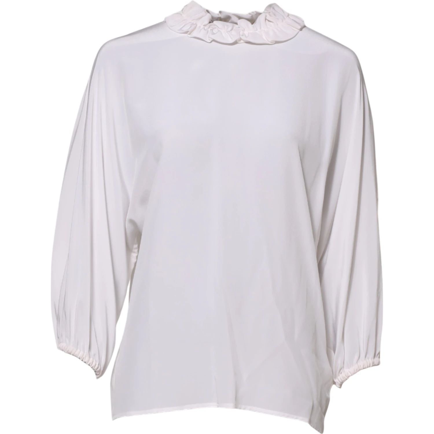 White Ruffled Neckline Blouse Pullover Top