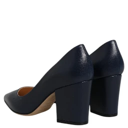 Blue Leather Pointed Toe Block Heels Shoes