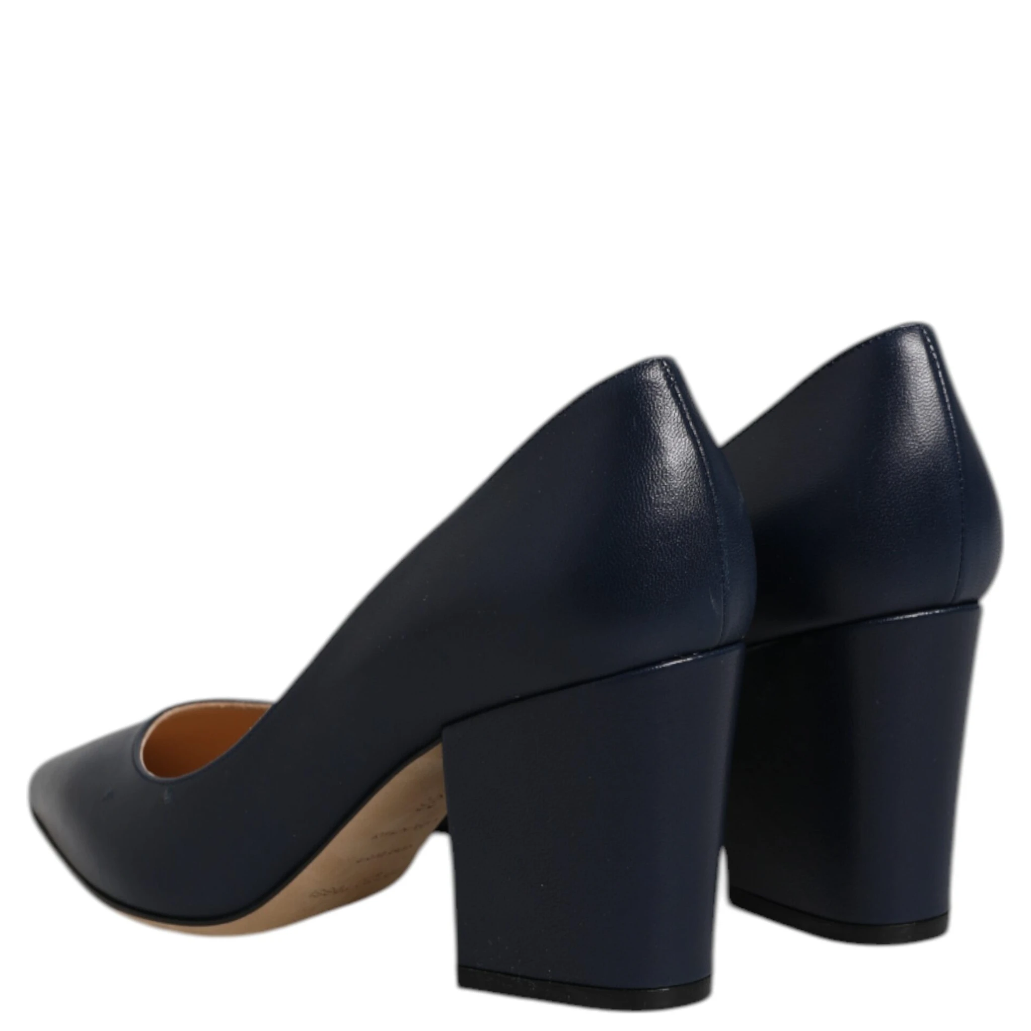 Blue Leather Pointed Toe Block Heels Shoes
