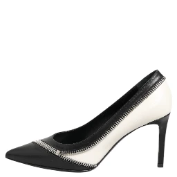 White Black Leather Pointed Toe Heels Shoes