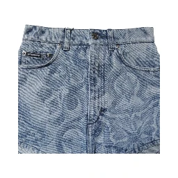 Blue Floral Print Denim Cotton Hot Pants Shorts