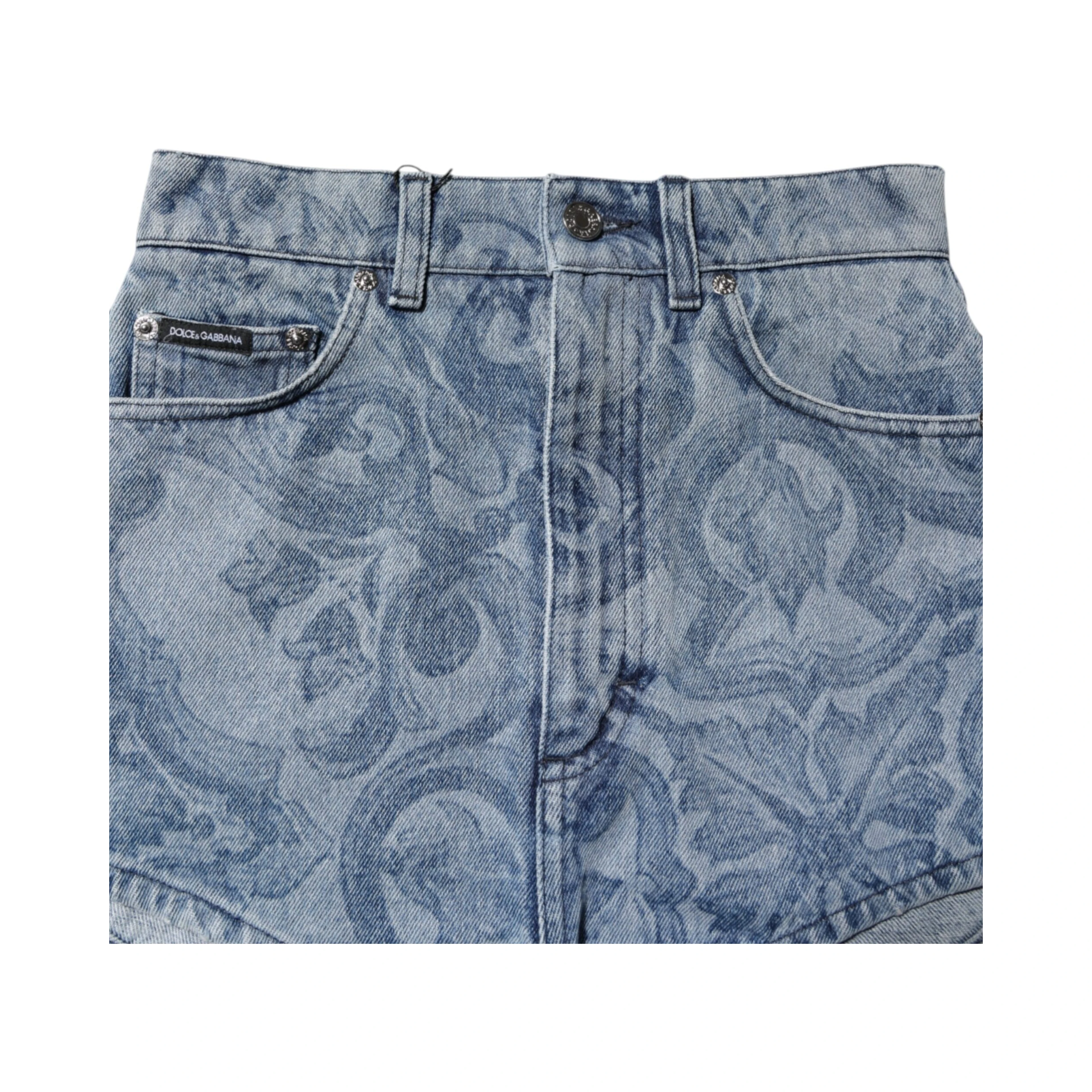 Blue Floral Print Denim Cotton Hot Pants Shorts