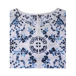 Blue Lace Eyelet Crew Neck Blouse Top