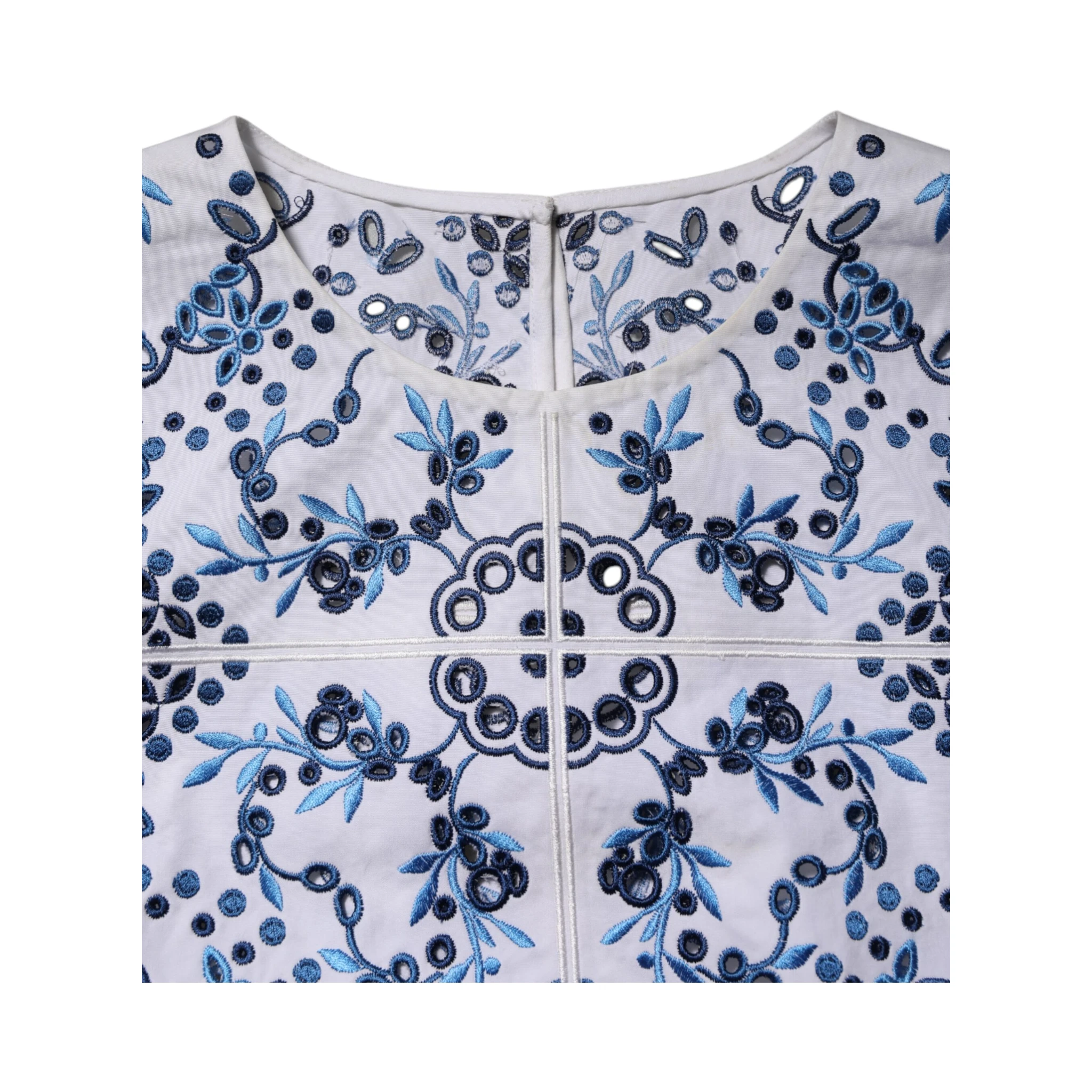 Blue Lace Eyelet Crew Neck Blouse Top