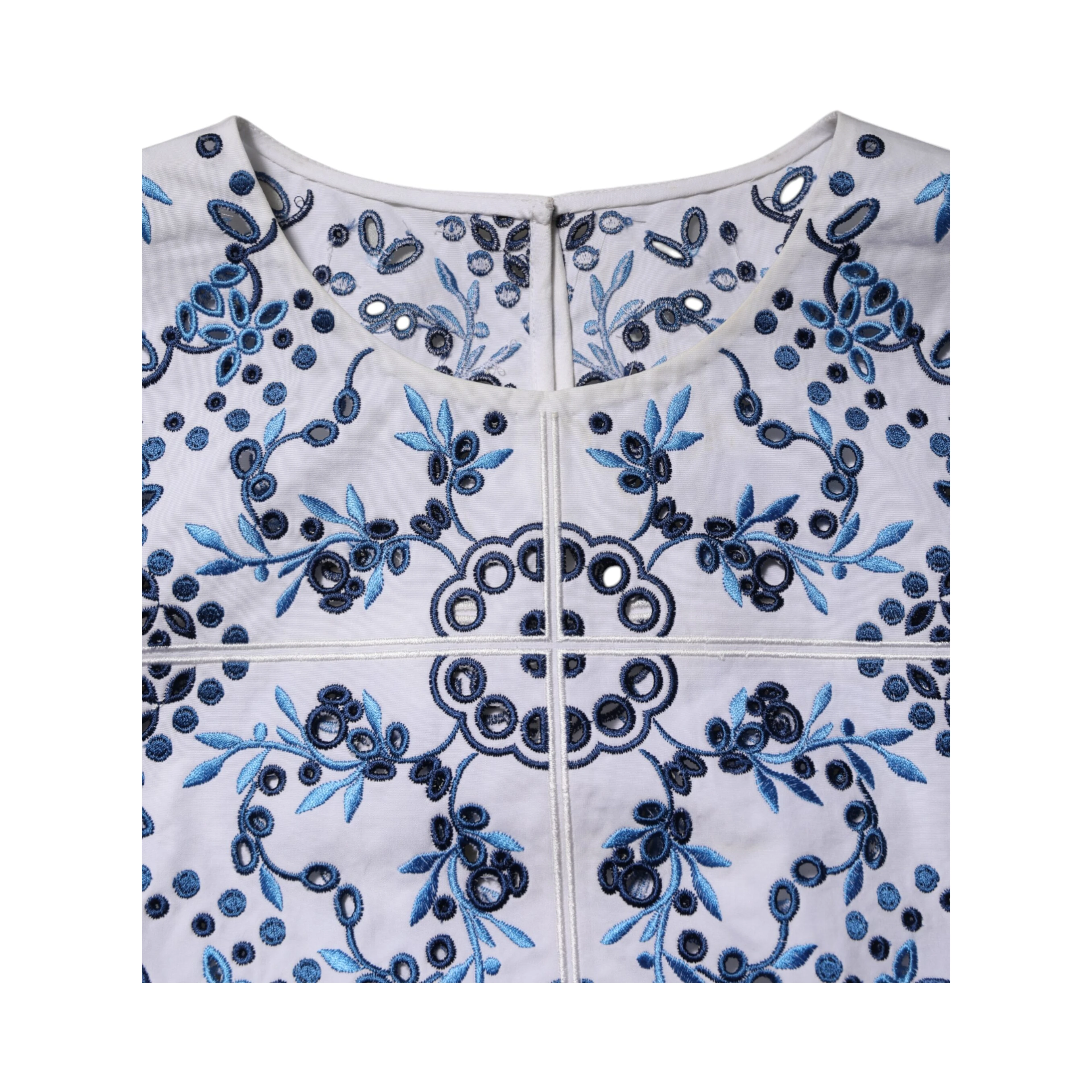Blue Lace Eyelet Crew Neck Blouse Top