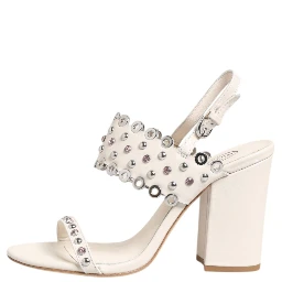 White Block Heeled Studded Quarter Strap Sandals Shoes