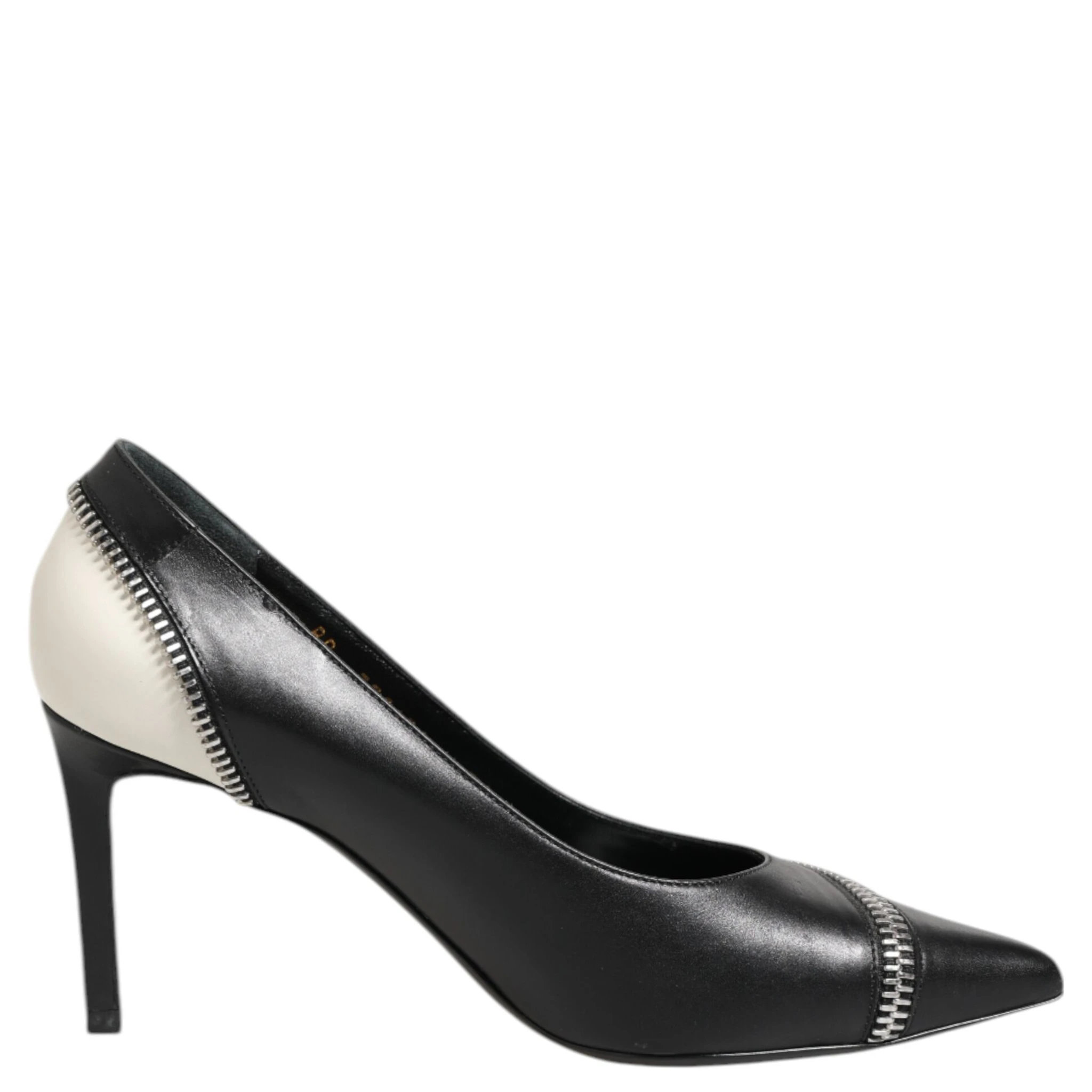 White Black Leather Pointed Toe Heels Shoes