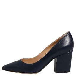 Blue Leather Pointed Toe Block Heels Shoes