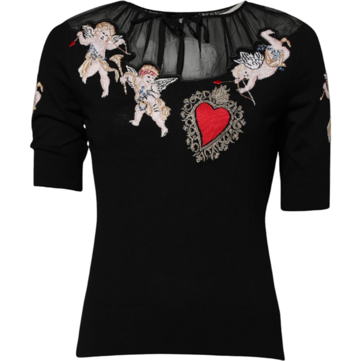 Black Sacred Heart Embroidered Crewneck Top