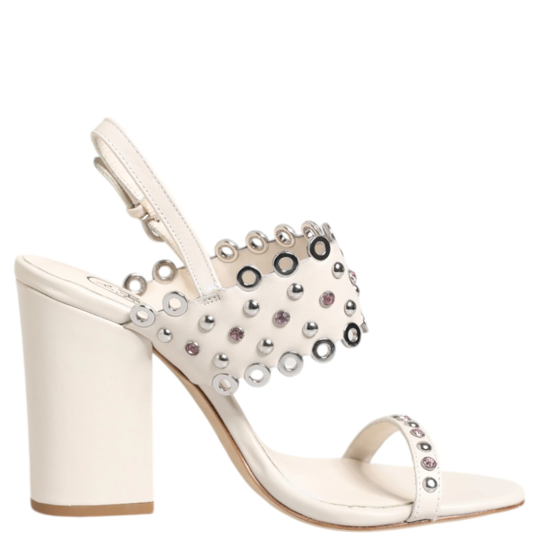 White Block Heeled Studded Quarter Strap Sandals Shoes