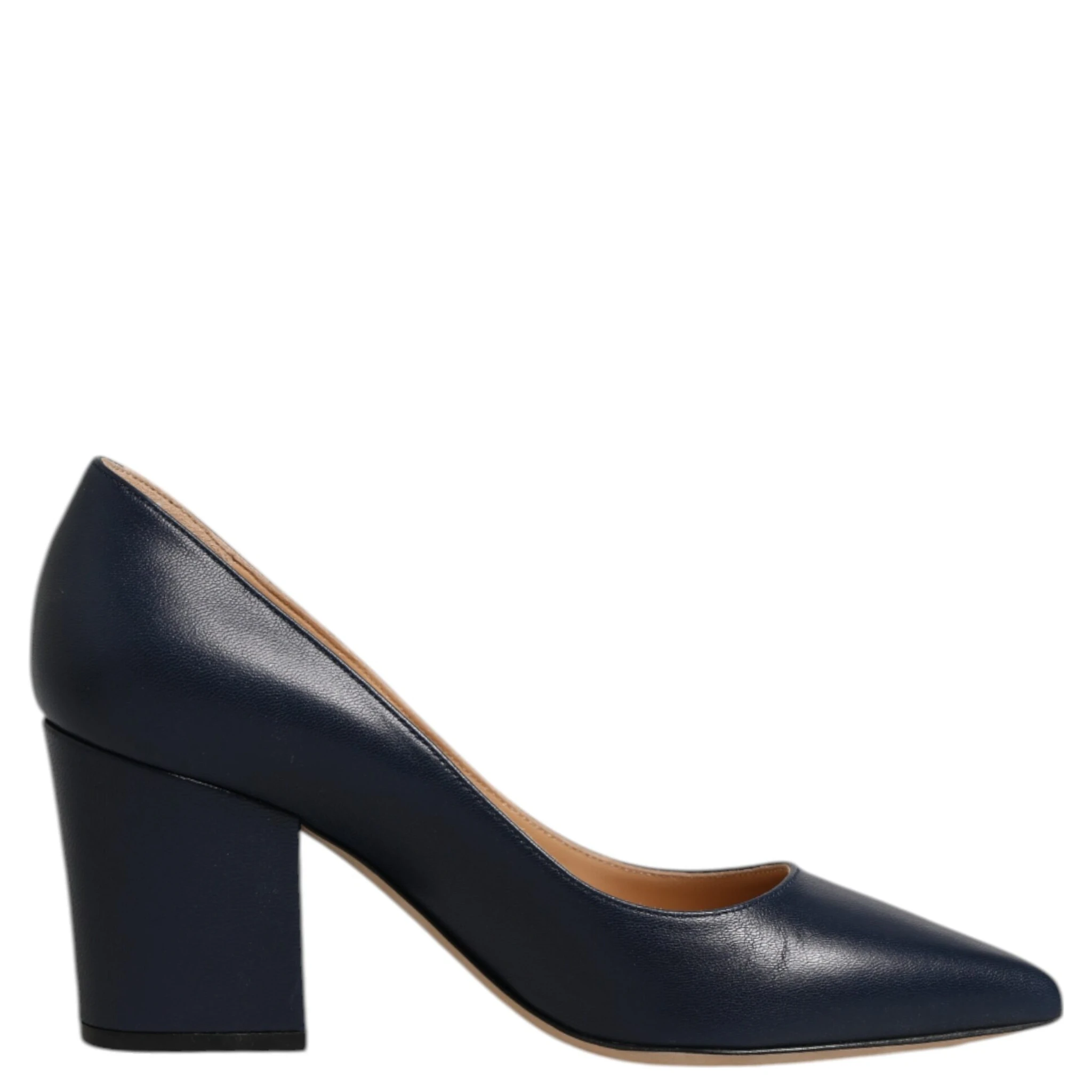 Blue Leather Pointed Toe Block Heels Shoes