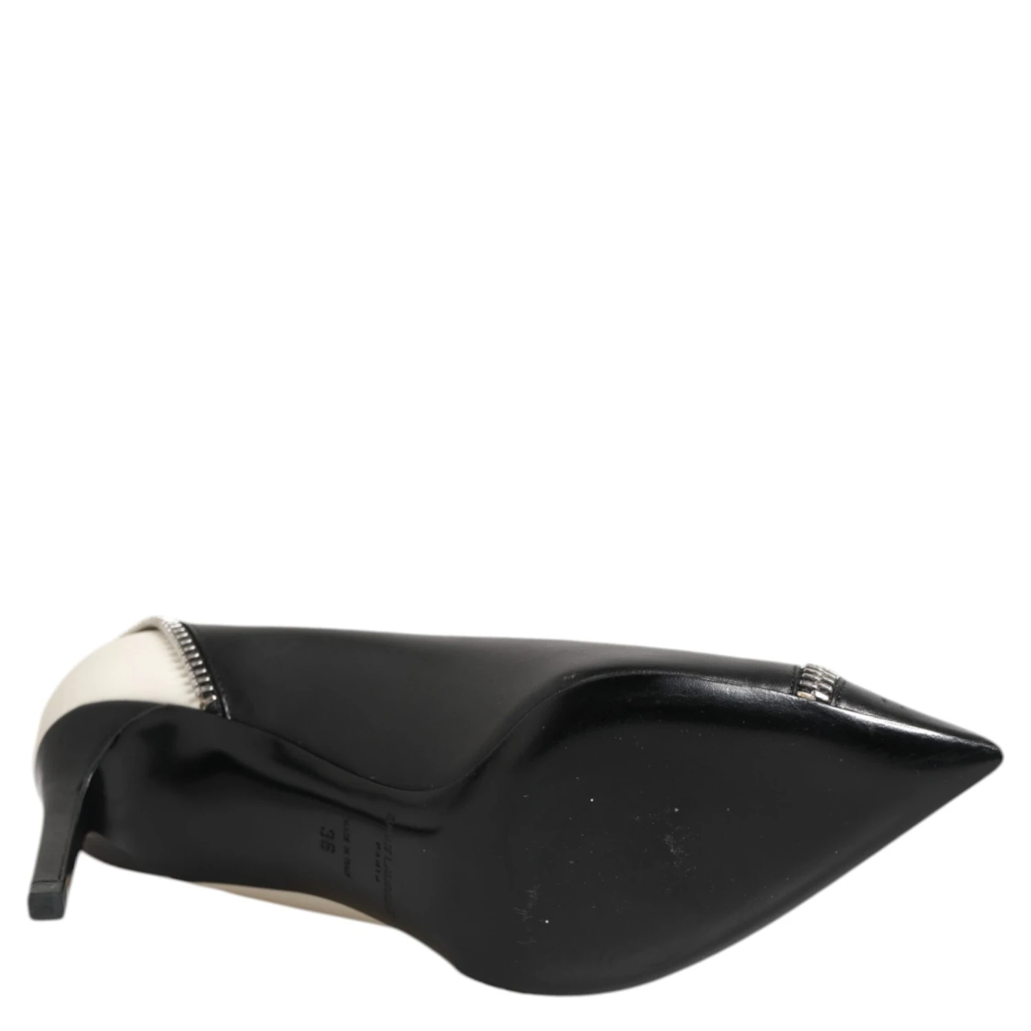 White Black Leather Pointed Toe Heels Shoes