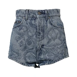 Blue Floral Print Denim Cotton Hot Pants Shorts