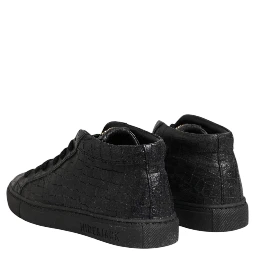 Black Leather Lace Up Mid Top Sneakers Shoes