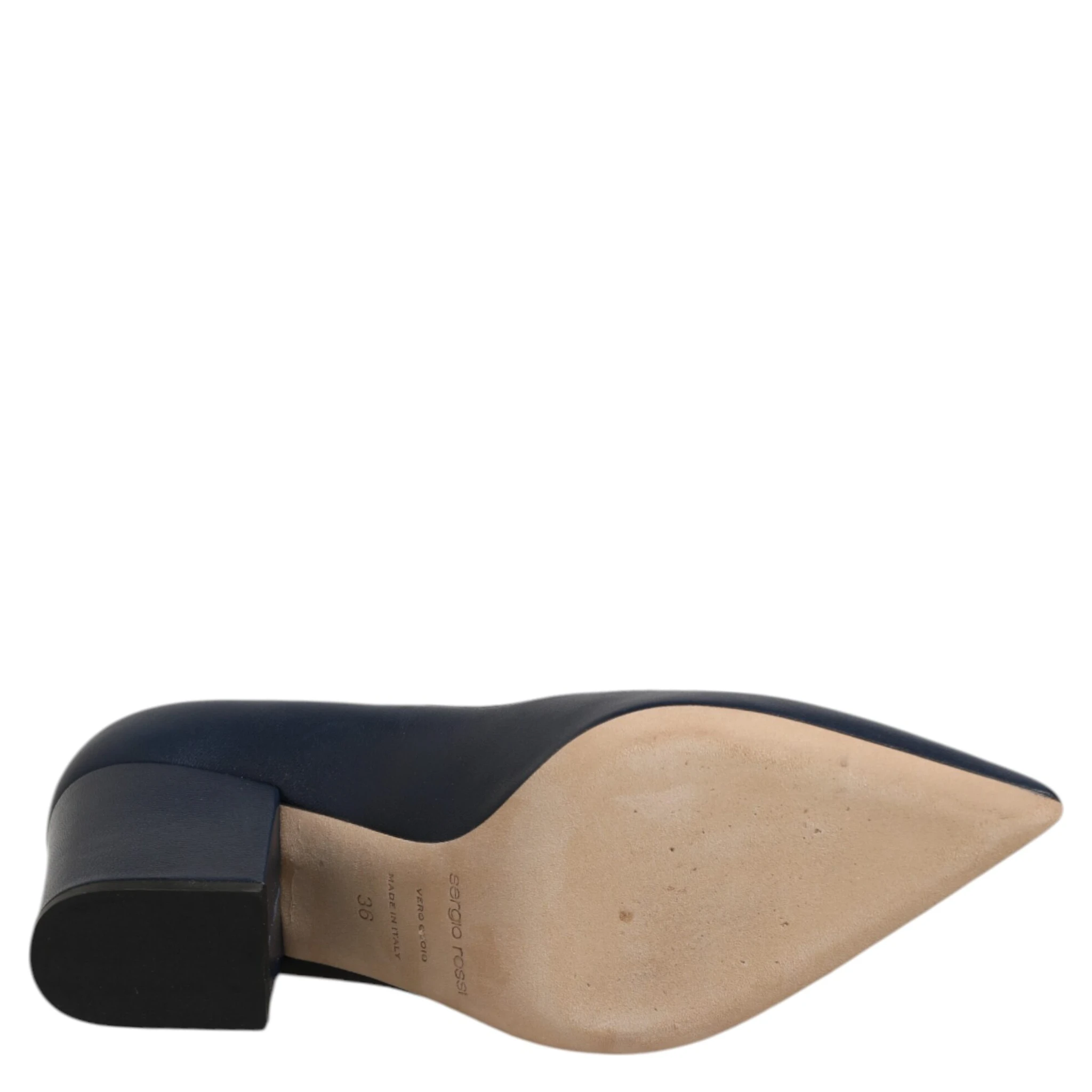 Blue Leather Pointed Toe Block Heels Shoes