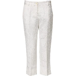 White Cotton Floral Jacquard Pants