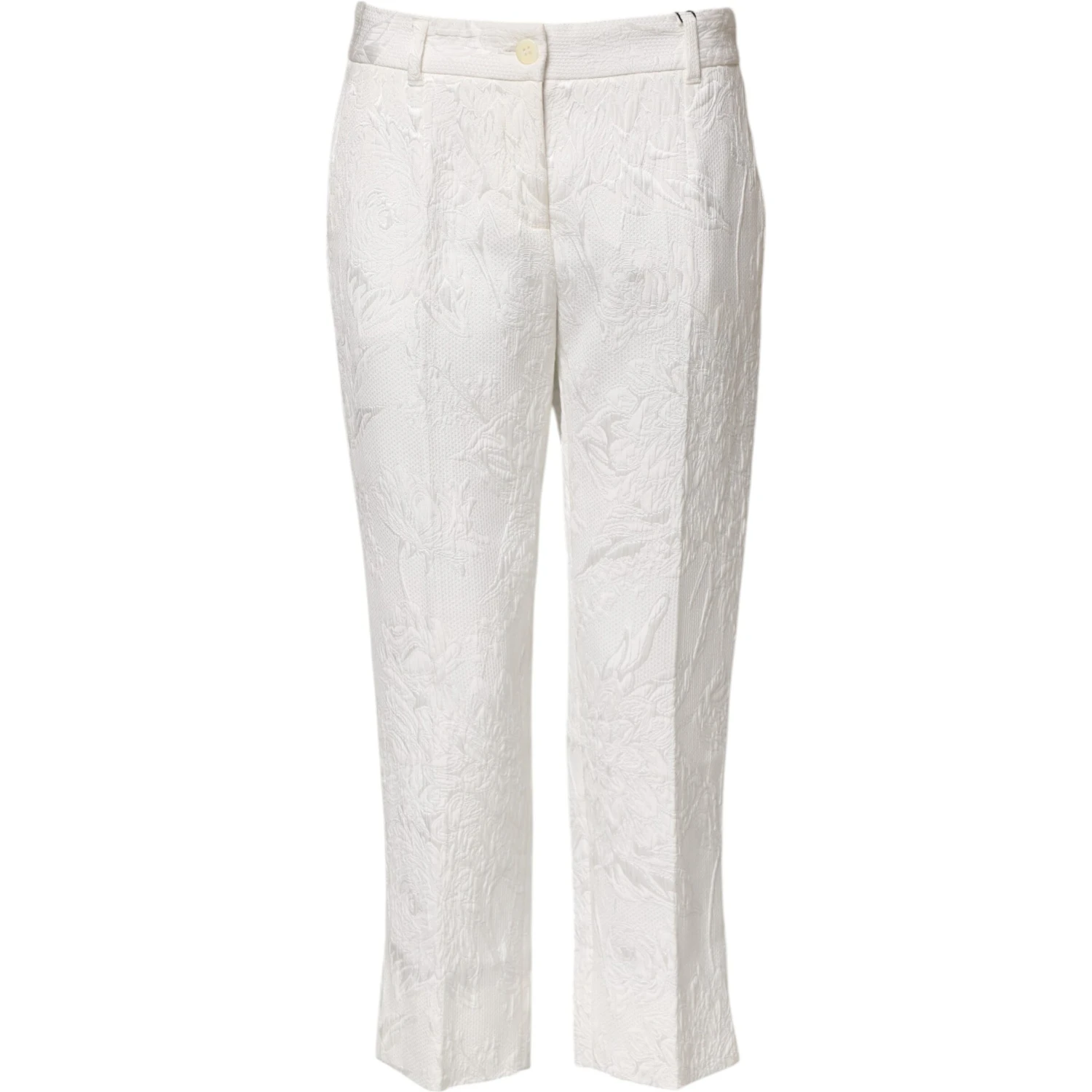 White Cotton Floral Jacquard Pants