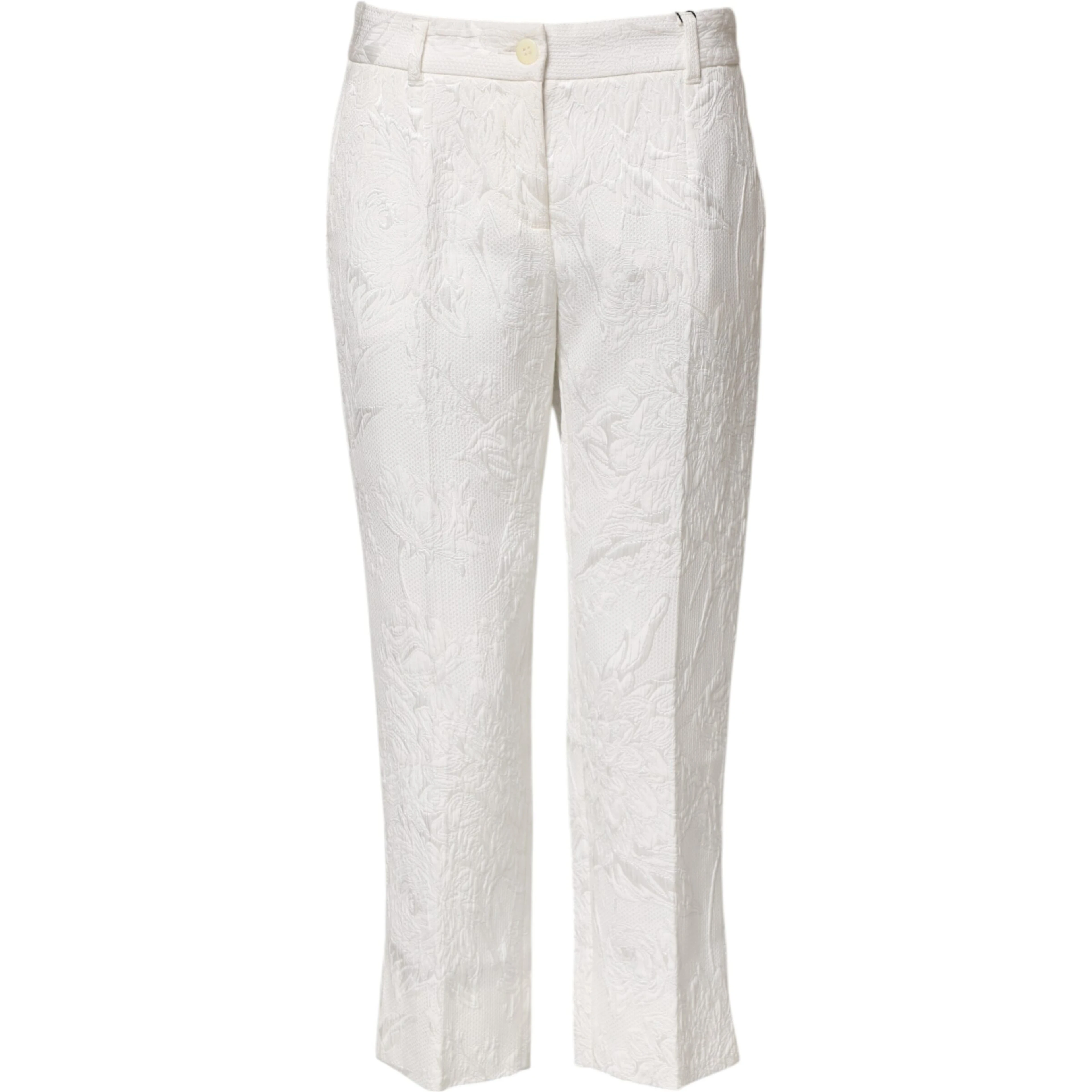 White Cotton Floral Jacquard Pants