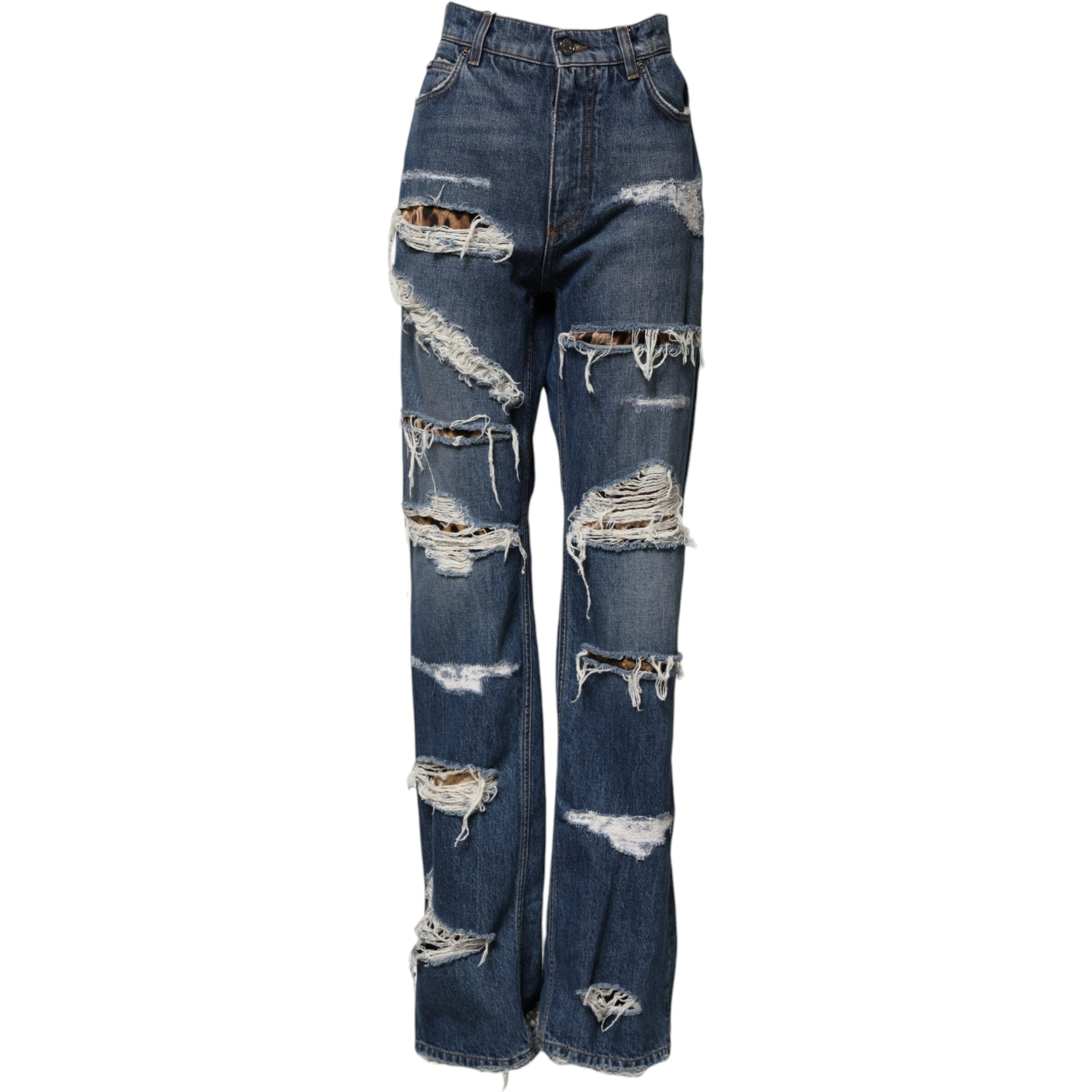 Blue Tattered Cotton Straight Denim Jeans