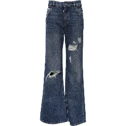 Blue Cotton Wide Leg Tattered Denim Jeans