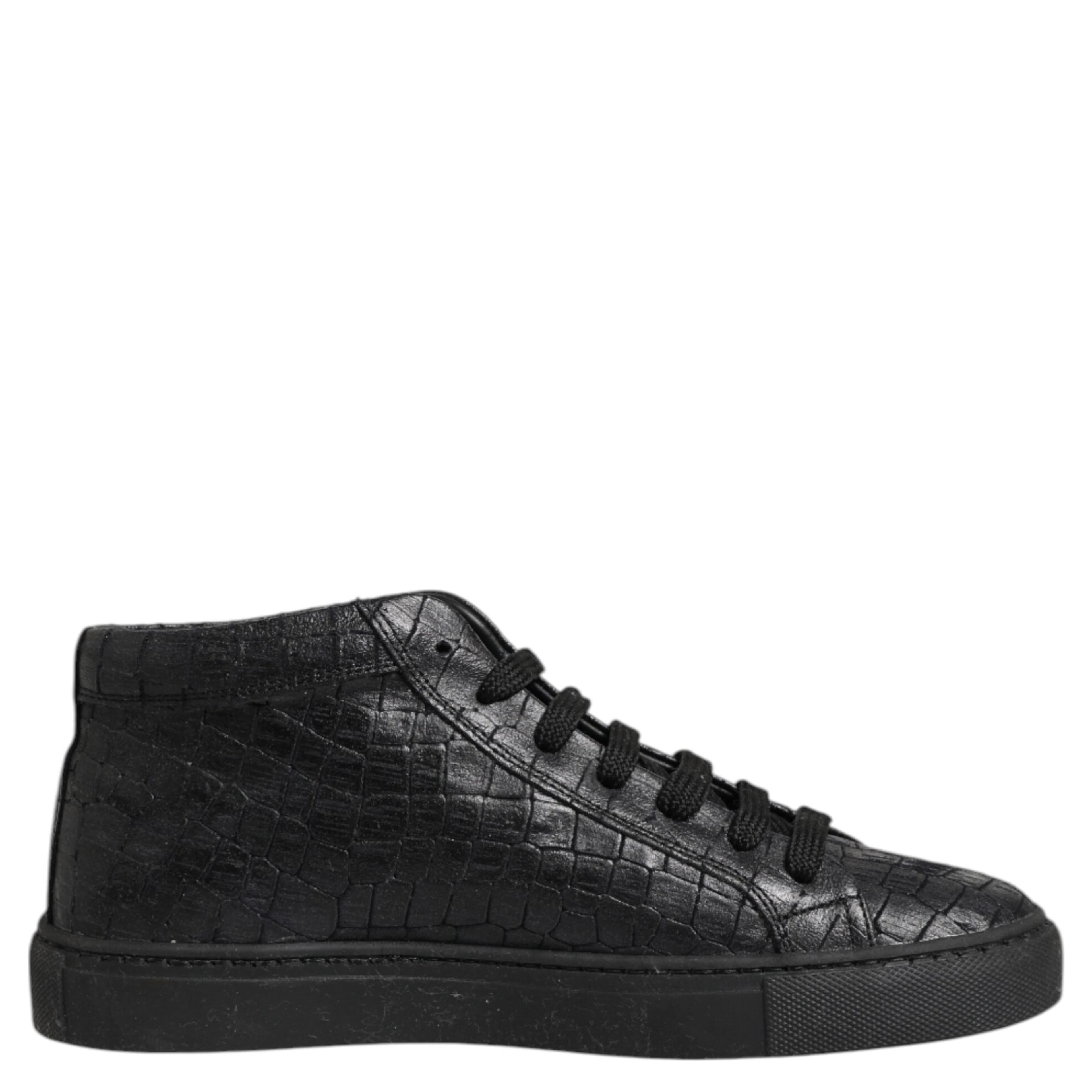Black Leather Lace Up Mid Top Sneakers Shoes