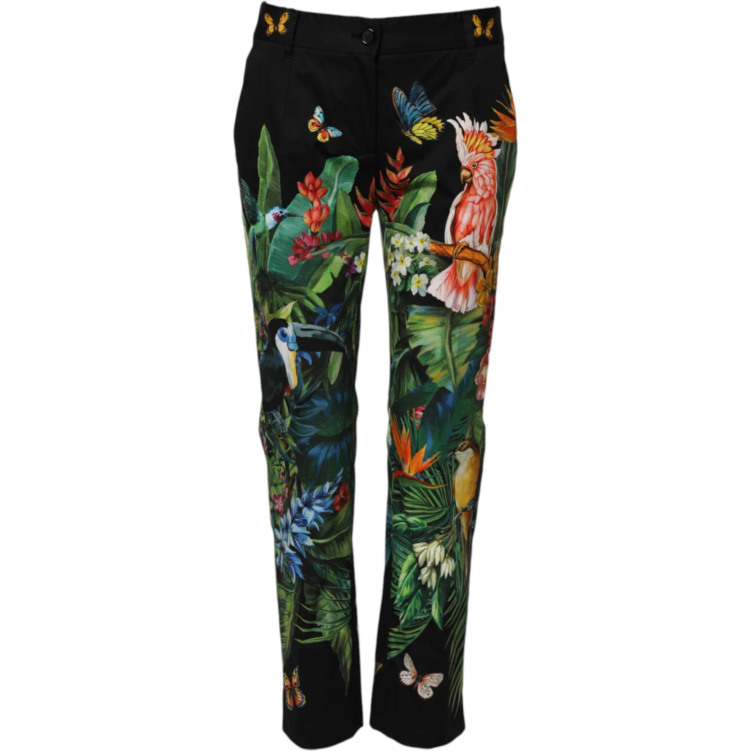 Black Cotton Tropical Mid Waist Pants