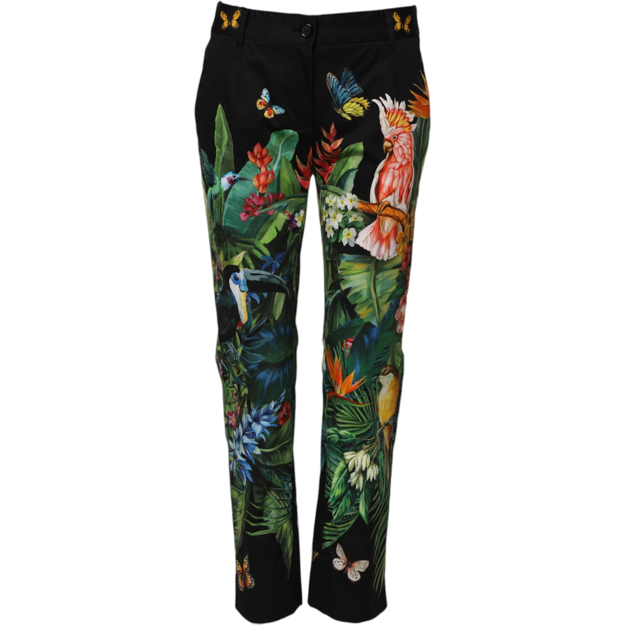 Black Cotton Tropical Mid Waist Pants