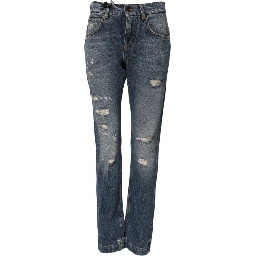 Blue Cotton Boyfriend Tattered Denim Jeans