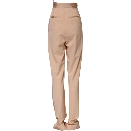 Beige Polyester Mid Waist Tapered Pants