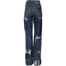 Blue Tattered Cotton Straight Denim Jeans