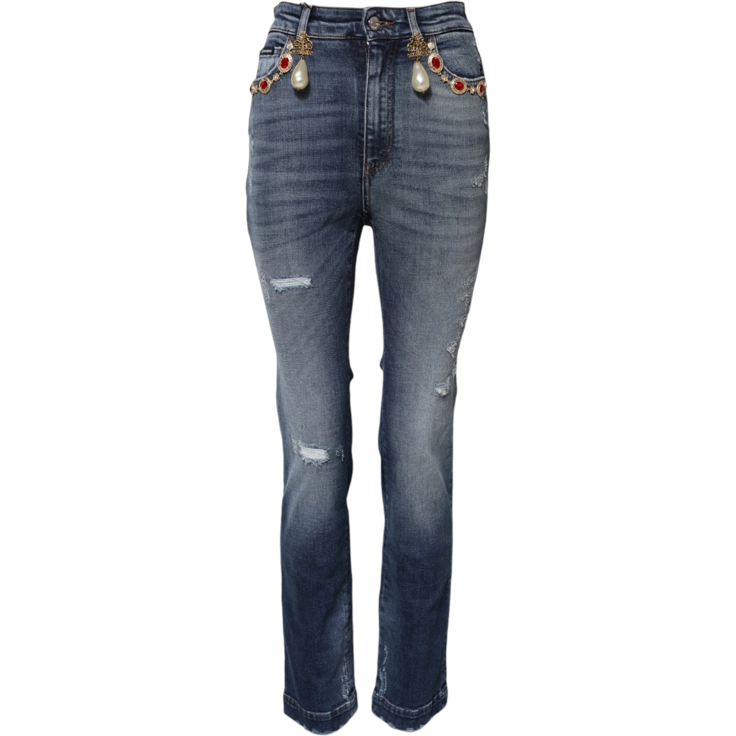 Blue Rhinestone Embellished Denim Jeans