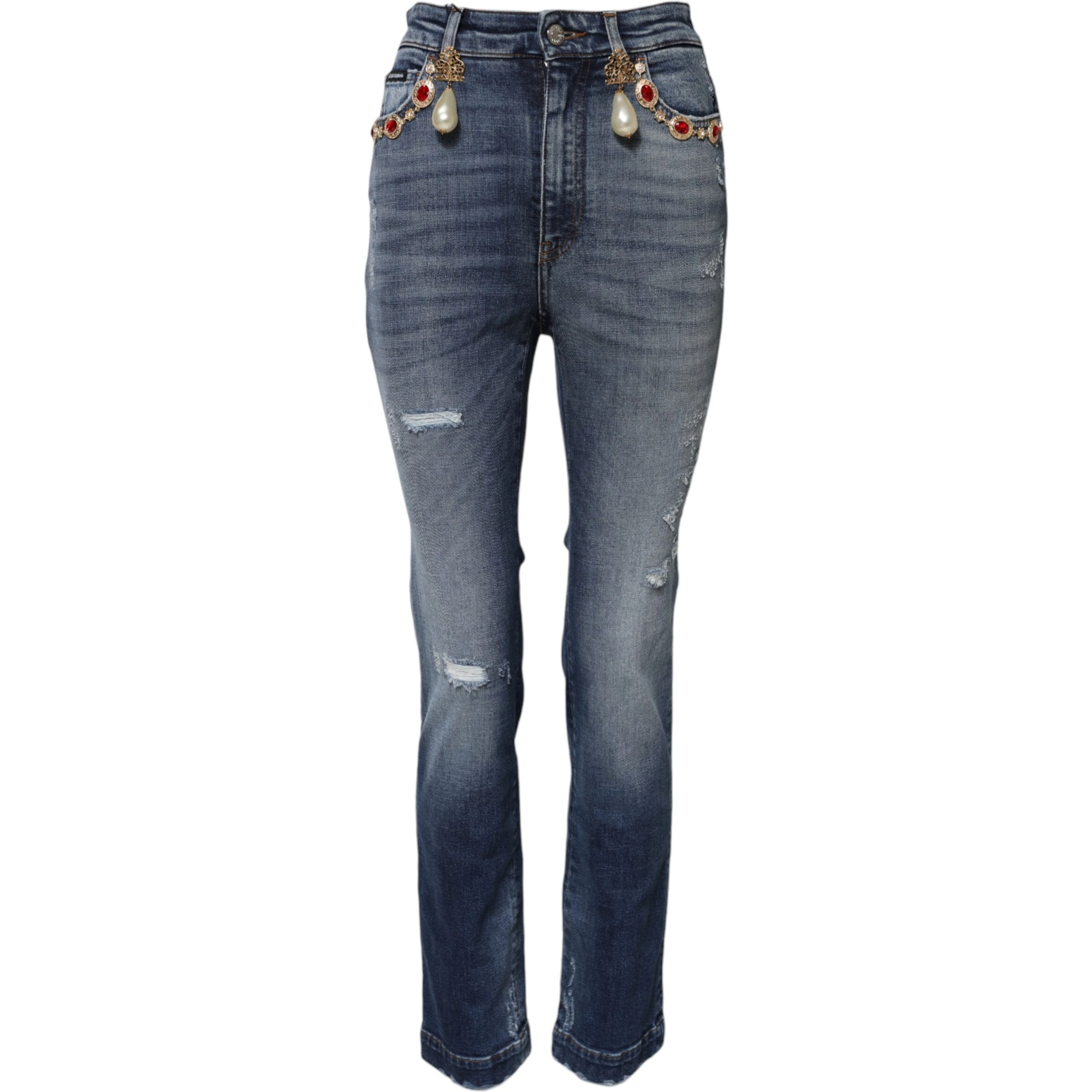 Blue Rhinestone Embellished Denim Jeans