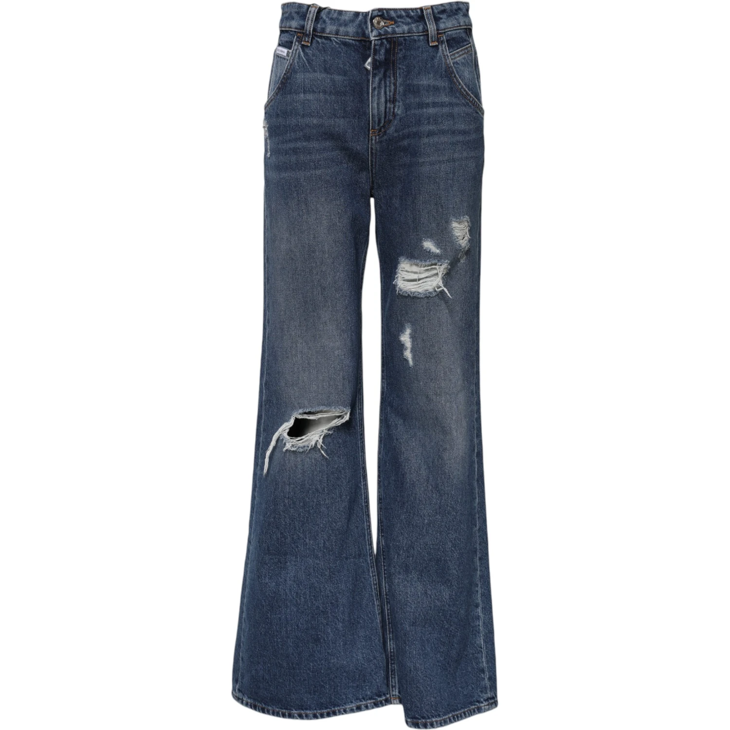 Blue Cotton Wide Leg Tattered Denim Jeans
