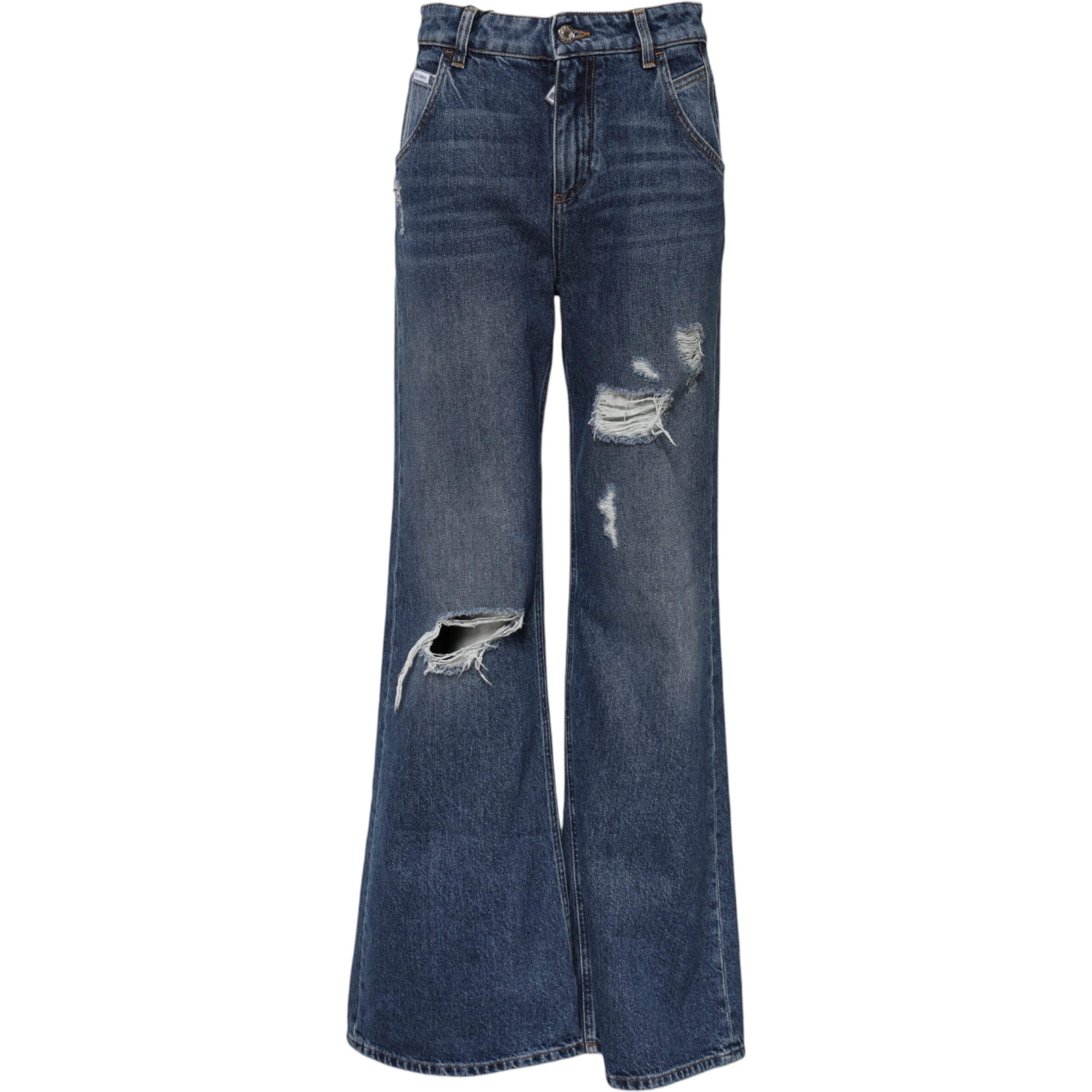 Blue Cotton Wide Leg Tattered Denim Jeans