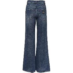 Blue Cotton Wide Leg Tattered Denim Jeans