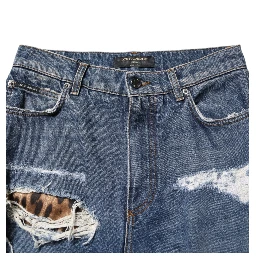 Blue Tattered Cotton Straight Denim Jeans