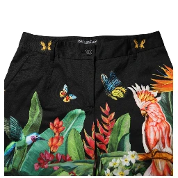 Black Cotton Tropical Mid Waist Pants