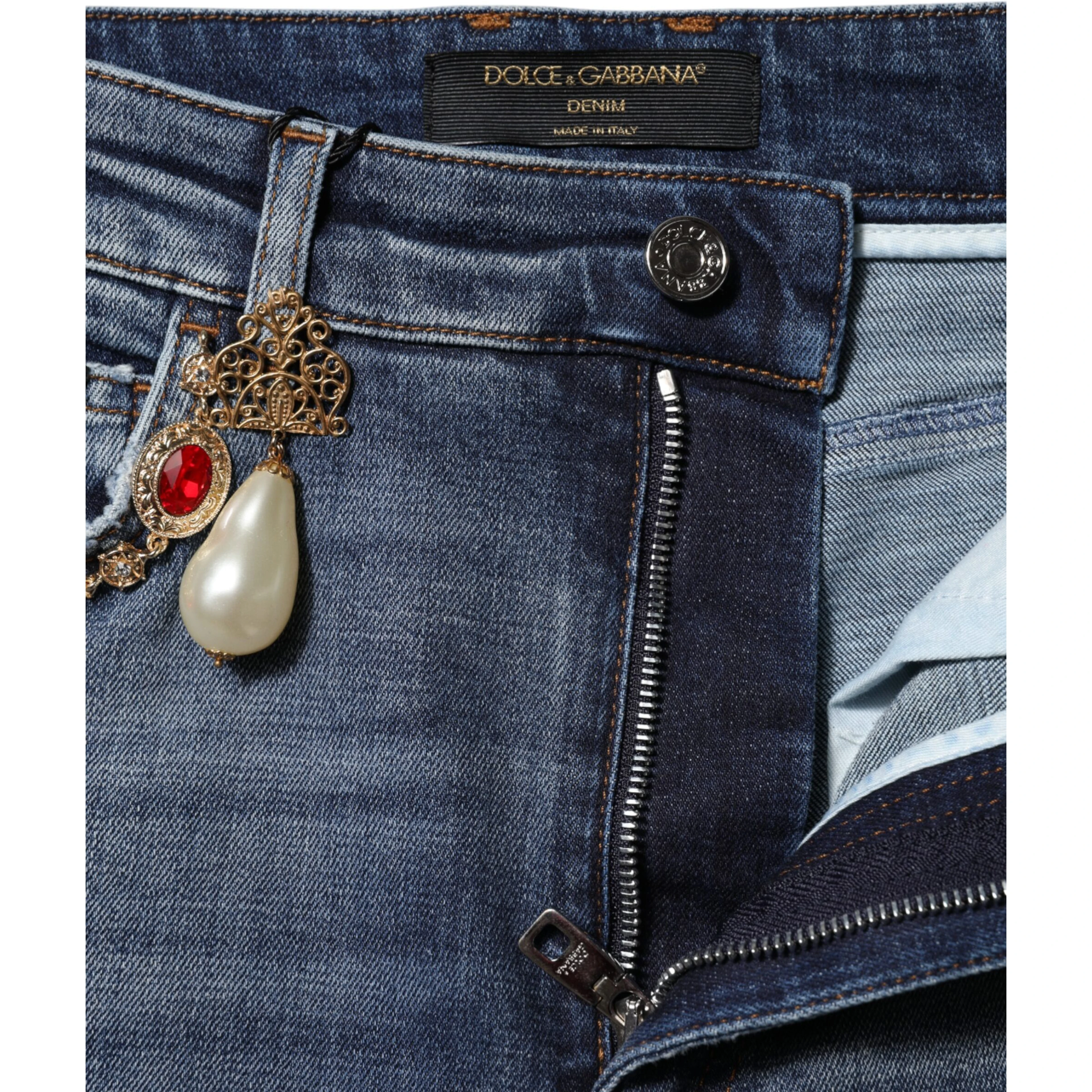 Blue Rhinestone Embellished Denim Jeans