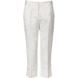 White Cotton Floral Jacquard Pants