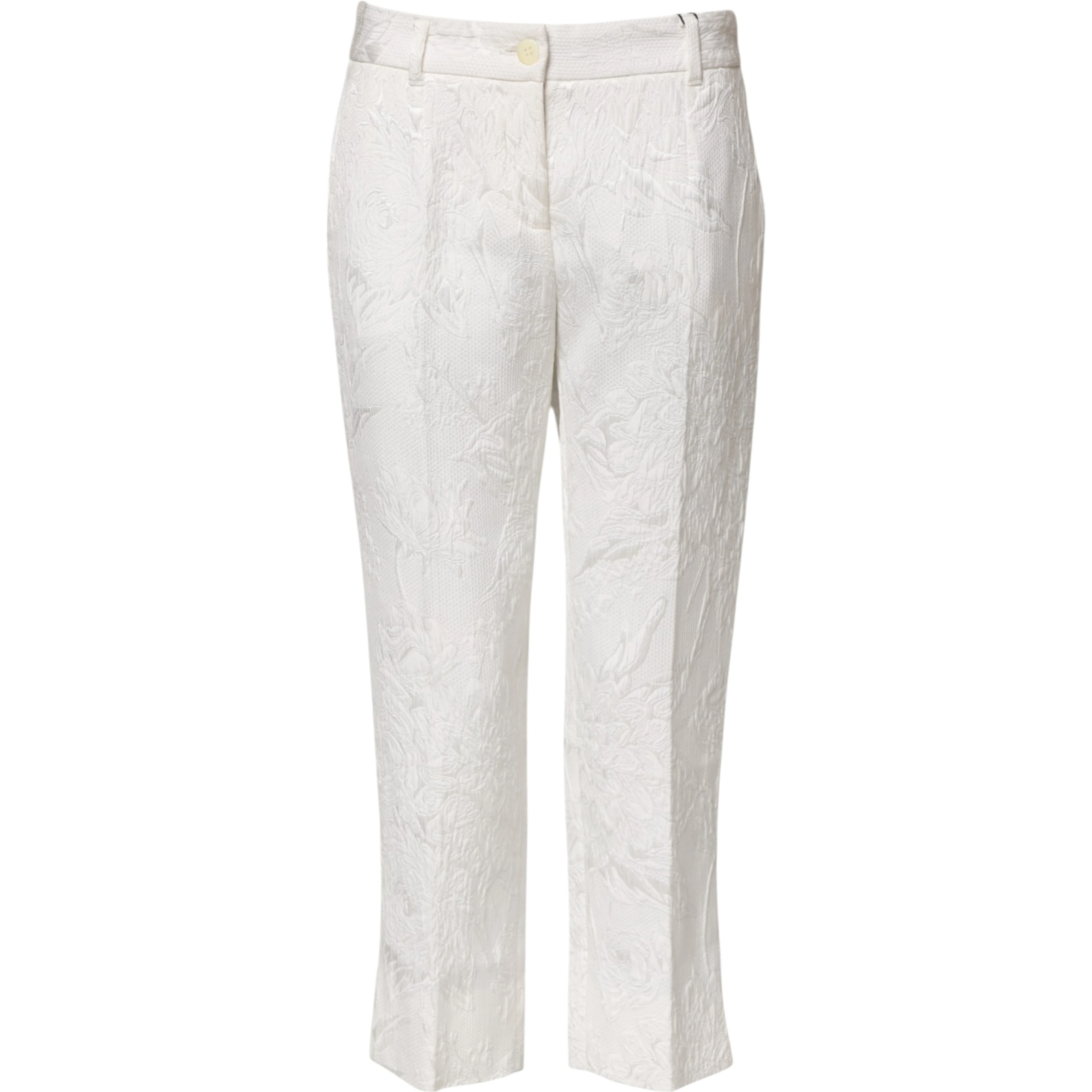 White Cotton Floral Jacquard Pants