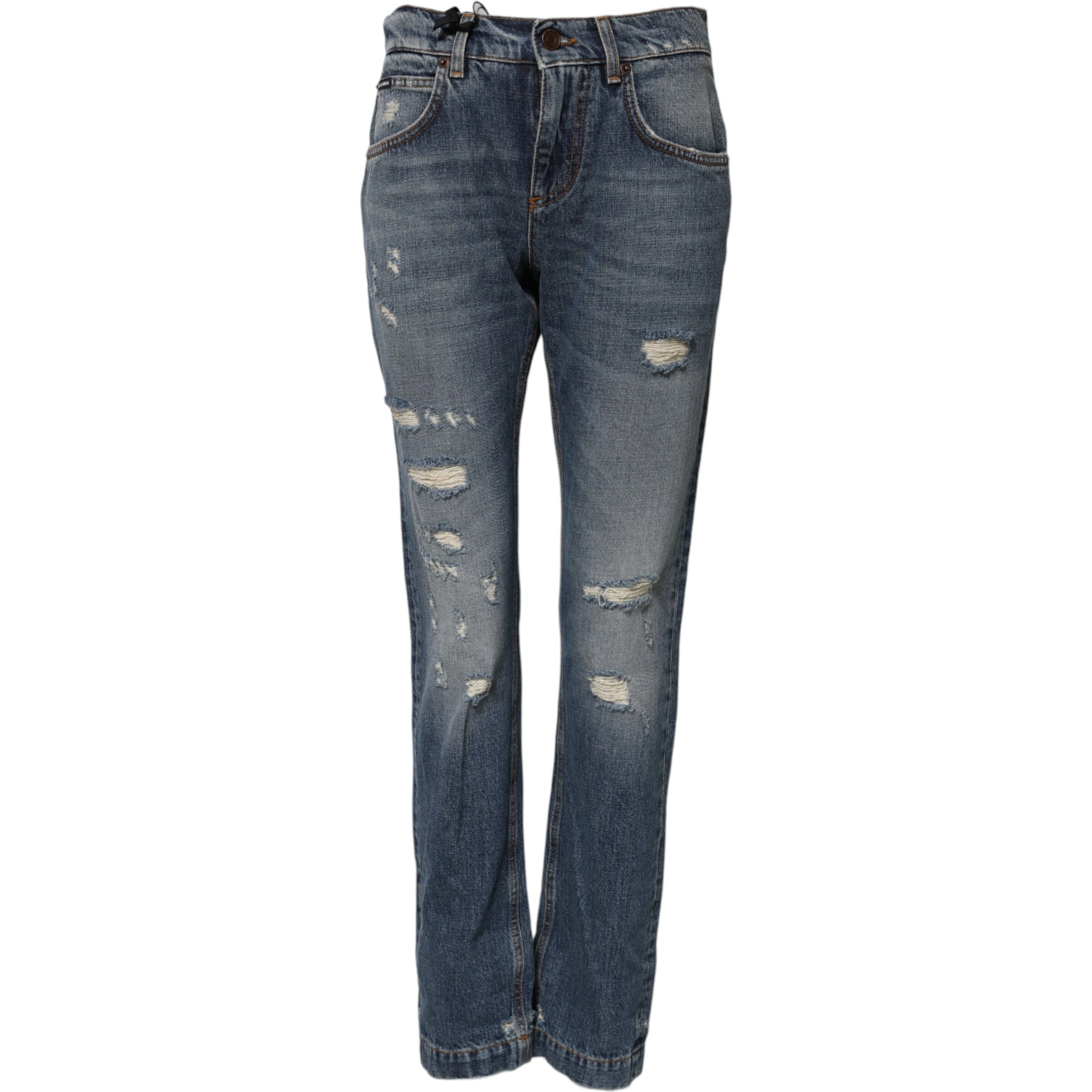 Blue Cotton Tattered Mid Waist Denim Jeans