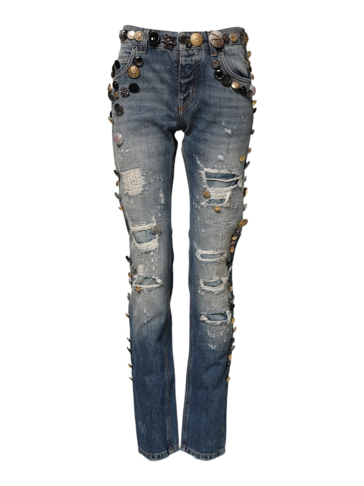 Blue Embellished Tattered SkinnyDenim Jeans