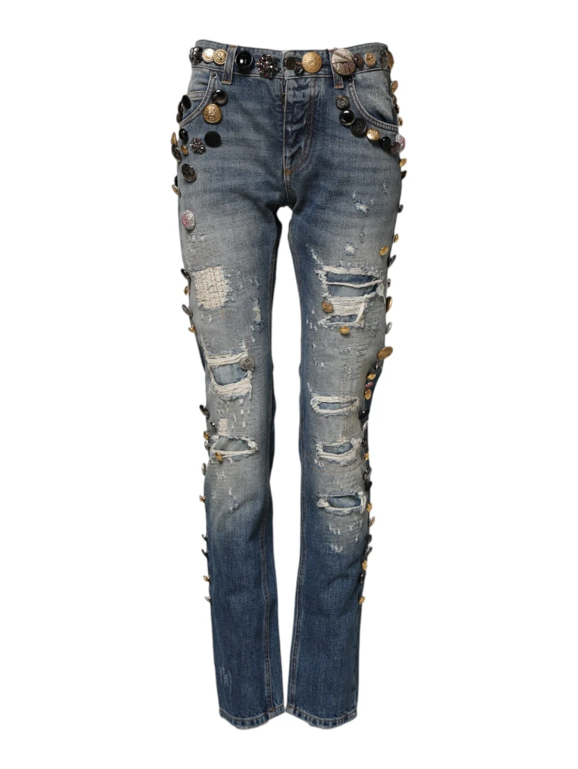 Blue Embellished Tattered SkinnyDenim Jeans