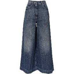 Blue Cotton High Waist Wide Leg Denim Jeans