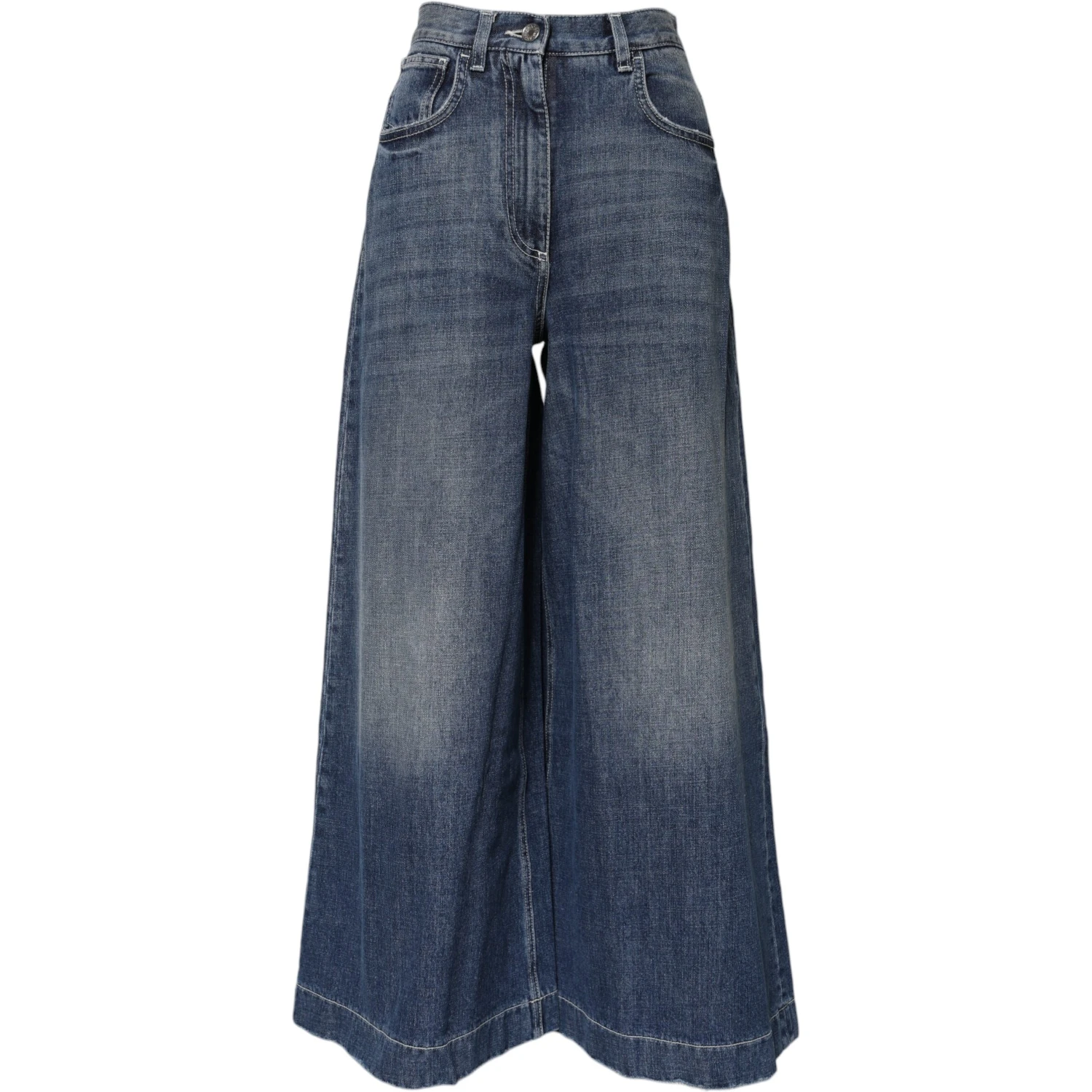 Blue Cotton High Waist Wide Leg Denim Jeans