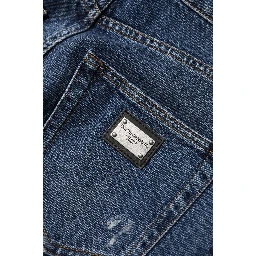 Blue Cotton Wide Leg Tattered Denim Jeans
