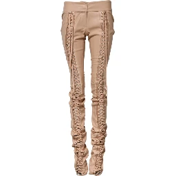 Beige Lace Details Mid Waist Skinny Pants