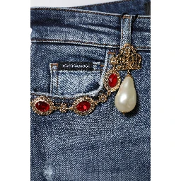 Blue Rhinestone Embellished Denim Jeans